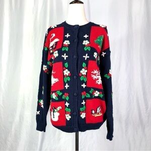 Vintage early 90s Christmas sweater intarsia embroidered navy red white scenic M
